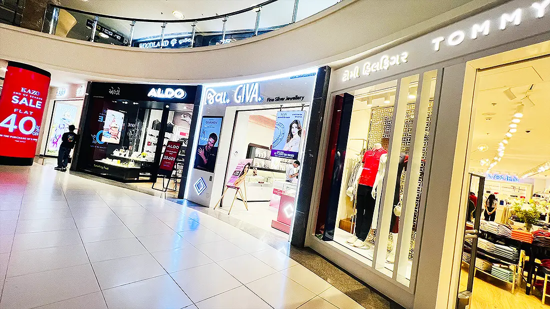Brand showrooms inside VR Mall with Aldo, Giva jewellery and Tommy Hilfiger outlets standing next to each other