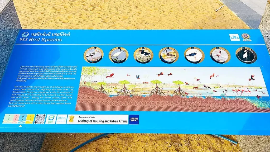 Bird species information board at Dumas Sea Face Surat