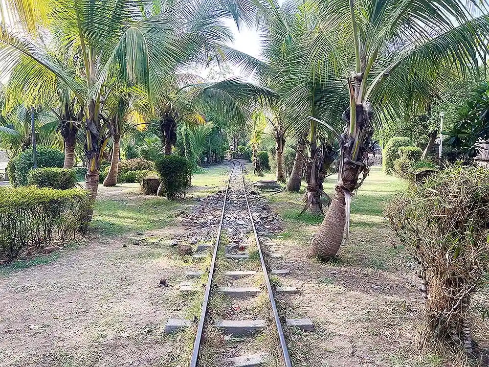 Train track running through Botanical Garden Surat surrounded by palm trees and green hedges