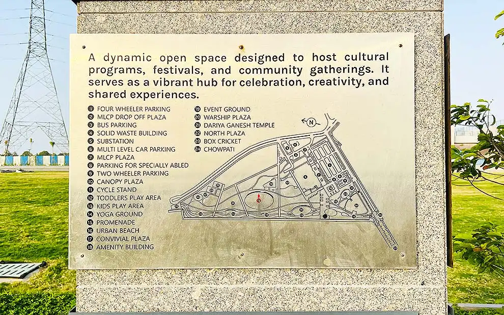 Layout map board showing facilities at Dumas Sea Face Surat