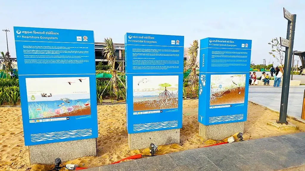 Blue ecosystem information boards at Dumas Sea Face Surat