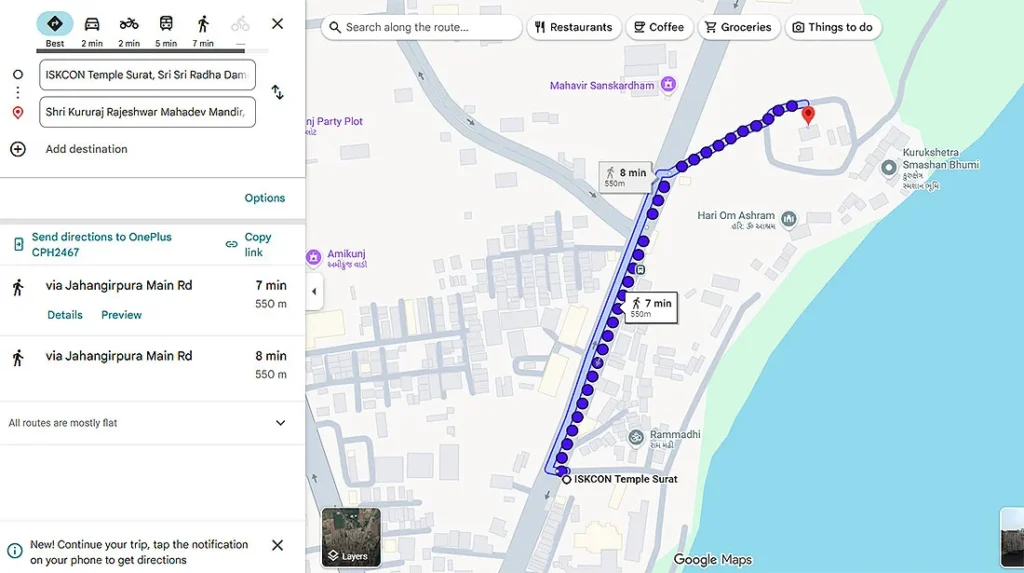 Google Maps route from ISKCON Temple to Kurukshetra Mahadev Mandir Surat