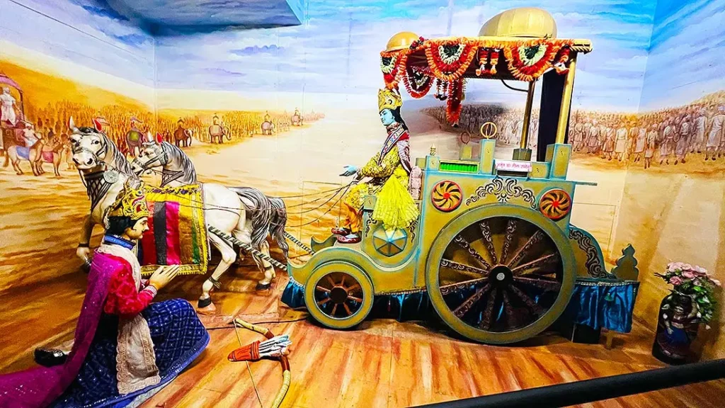 Krishna and Arjun on chariot Mahabharat scene diorama at Gurukul Surat