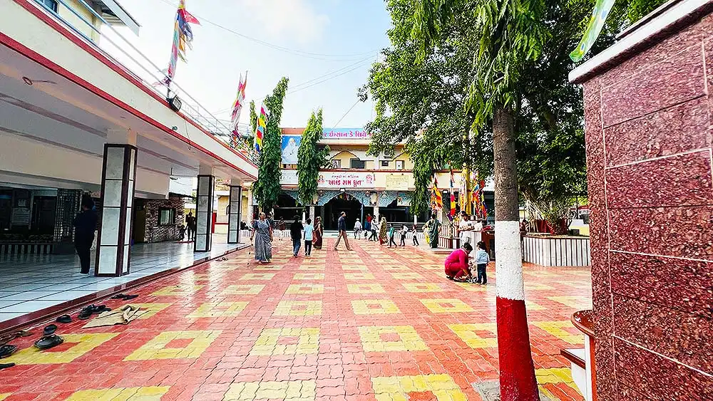 Ram Madhi mandir seen from distance at Surat Jahangirpura with colourful tiled courtyard