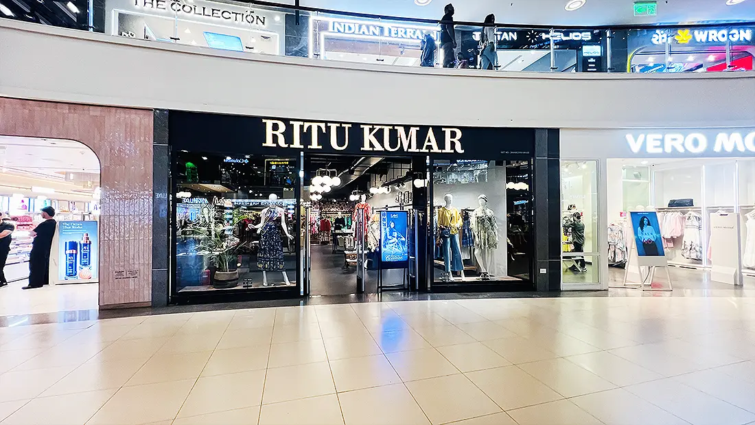 Ritu Kumar clothing showroom inside Surat VR Mall with mannequins in ethnic wear at the storefront