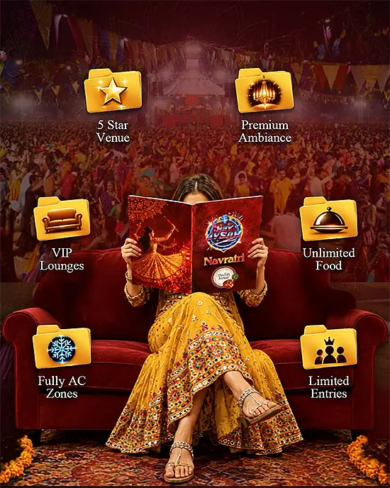 Nav Avsar & Shubh Avsar Navratri 2026 Surat facilities with VIP lounges, AC zones and unlimited food