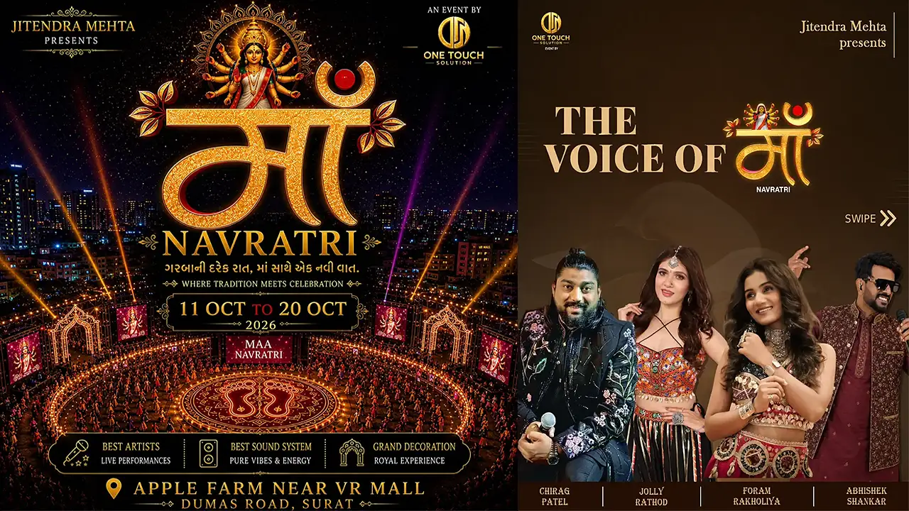 Maa Navratri 2026 at Apple Farm near VR Mall, Surat, featuring Chirag Patel, Jolly Rathod, Foram Rakholiya and Abhishek Shankar