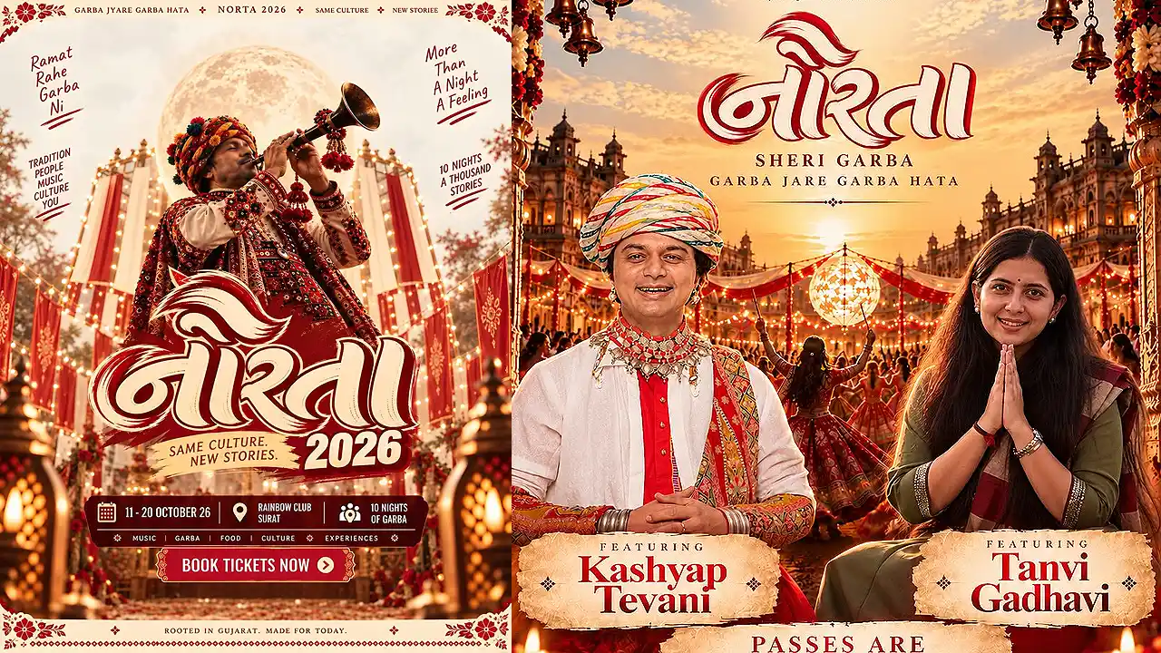 Norta 2026 traditional Sheri Garba celebration in Surat featuring Kashyap Tevani and Tanvi Gadhavi