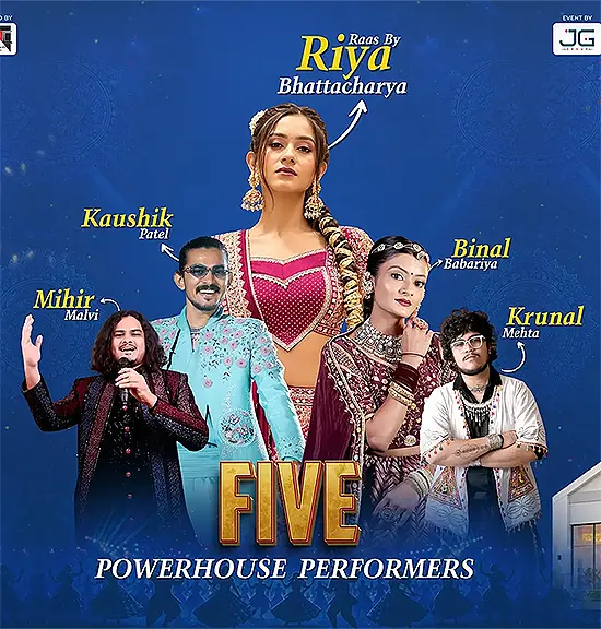 The JG Navratri 2026 singers Riya Bhattacharya, Kaushik Patel, Mihir Malvi, Binal Babariya, and Krunal Mehta