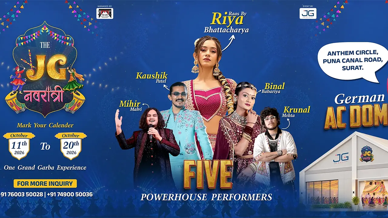 The JG Navratri 2026 Surat featuring five performers and the German AC Dome at Anthem Circle